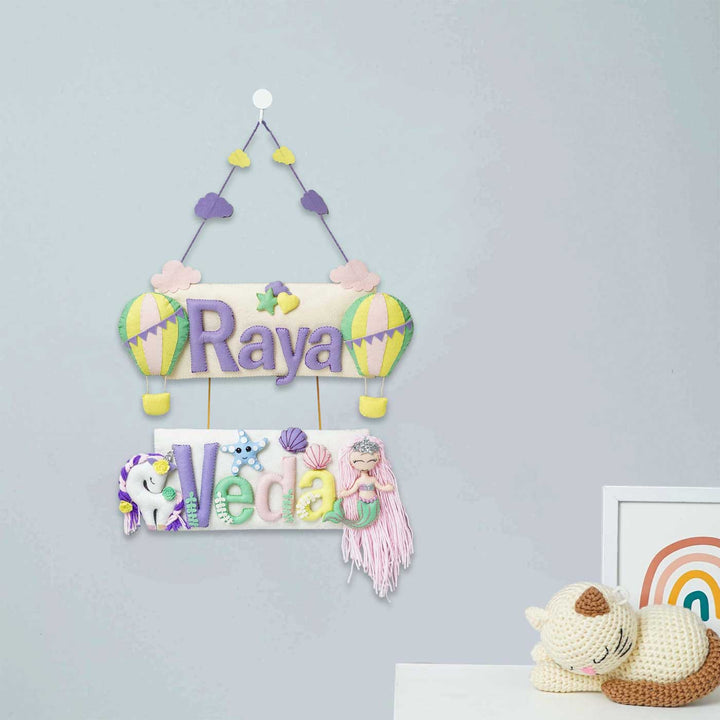 Customized Handcrafted Hot Air Balloon Theme Felt Name Plate For Kids For Siblings - Hanging Name Personalization Display