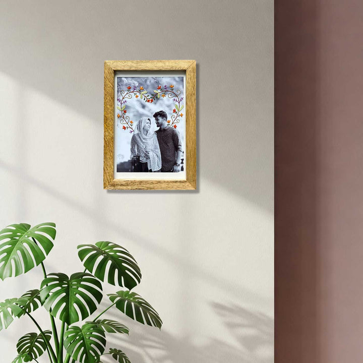 Knot Hearts Design Hand Embroidered Photo With Wooden Frame