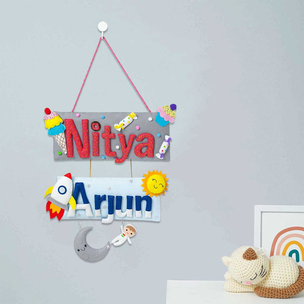 Handcrafted Space Themed Rectangle Felt Name Plate For Kids For Siblings - Hanging Wall Name Sign Front View