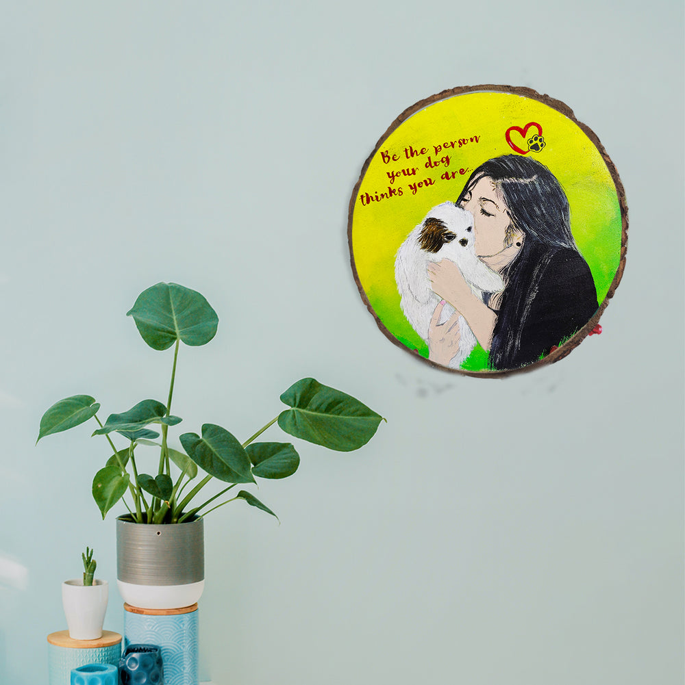 Hand Painted Personalized Caricature Plaque With Pets - Mounted on Wall with Plant Context