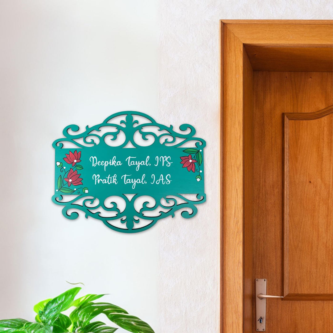 Rectangle Hand Painted Madhubani Art Name Plate For Ias And Ips - Mounted on Wall Next to Door