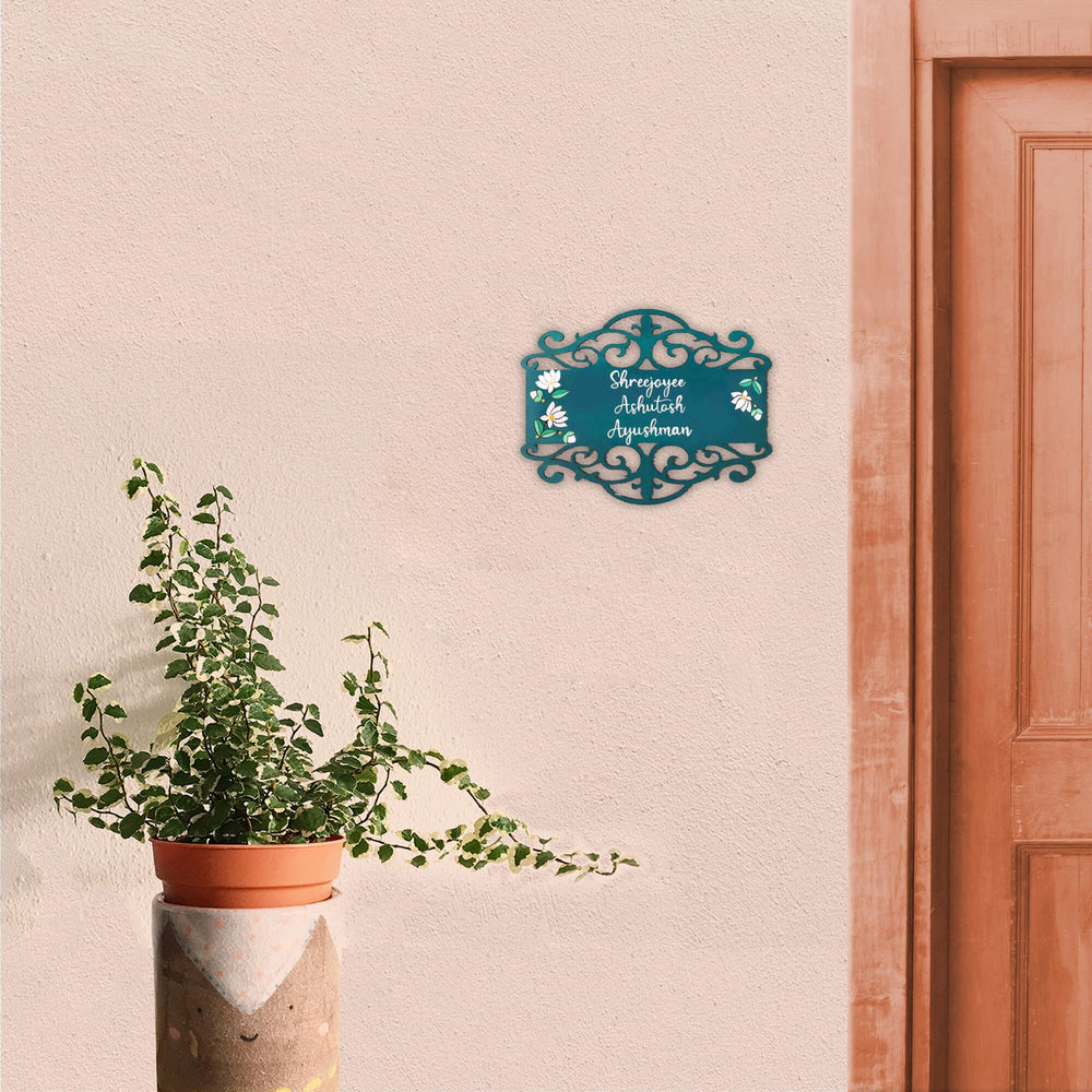 Rectangle Hand Painted Madhubani Art Name Plate 5 - Mounted on Exterior Wall Near Door