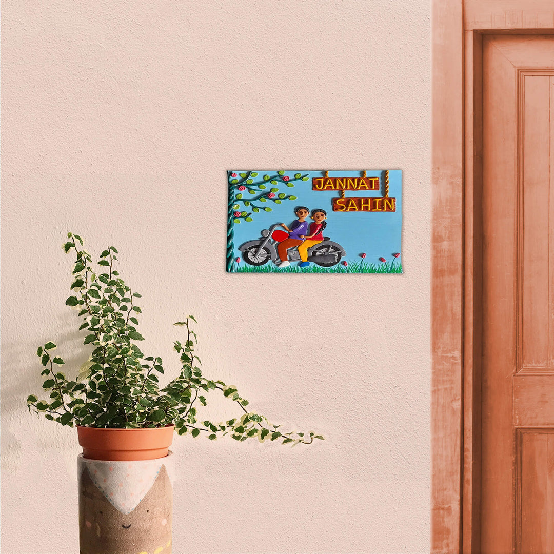 Handcrafted Personalised Couple Name Plate - Mounted on Exterior Wall Near Door
