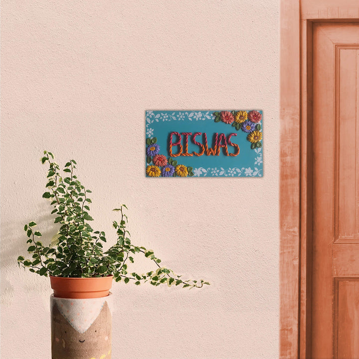 Handcrafted Personalised Floral Themed Name Plate 1 - Mounted on Exterior Wall Next to Door