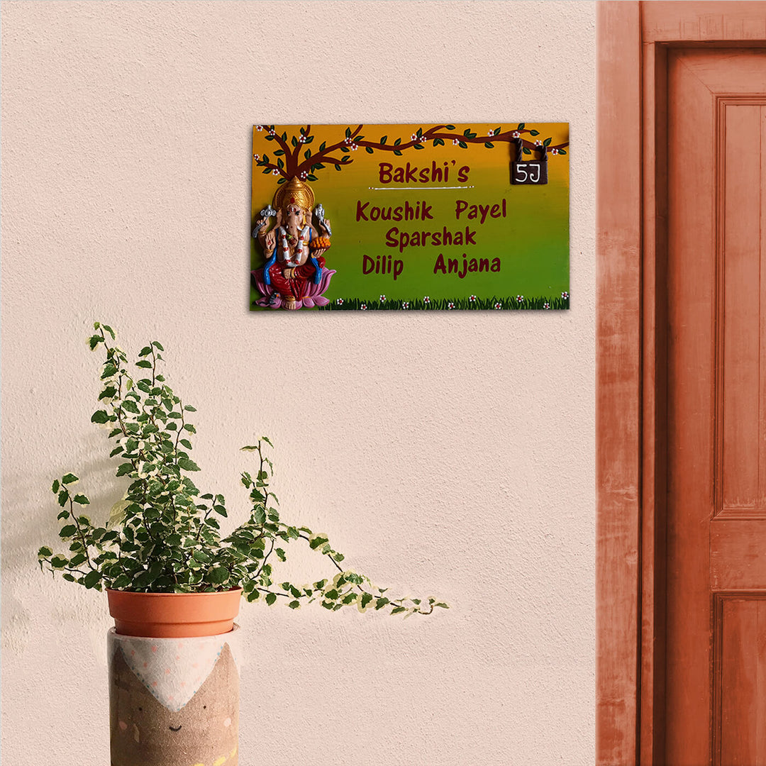 Handcrafted Personalised Ganesh Themed Name Plate 1 - Mounted on Exterior Wall Near Door