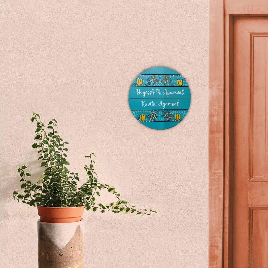 Round Hand Painted Madhubani Art Name Plate - Mounted on Entryway Wall