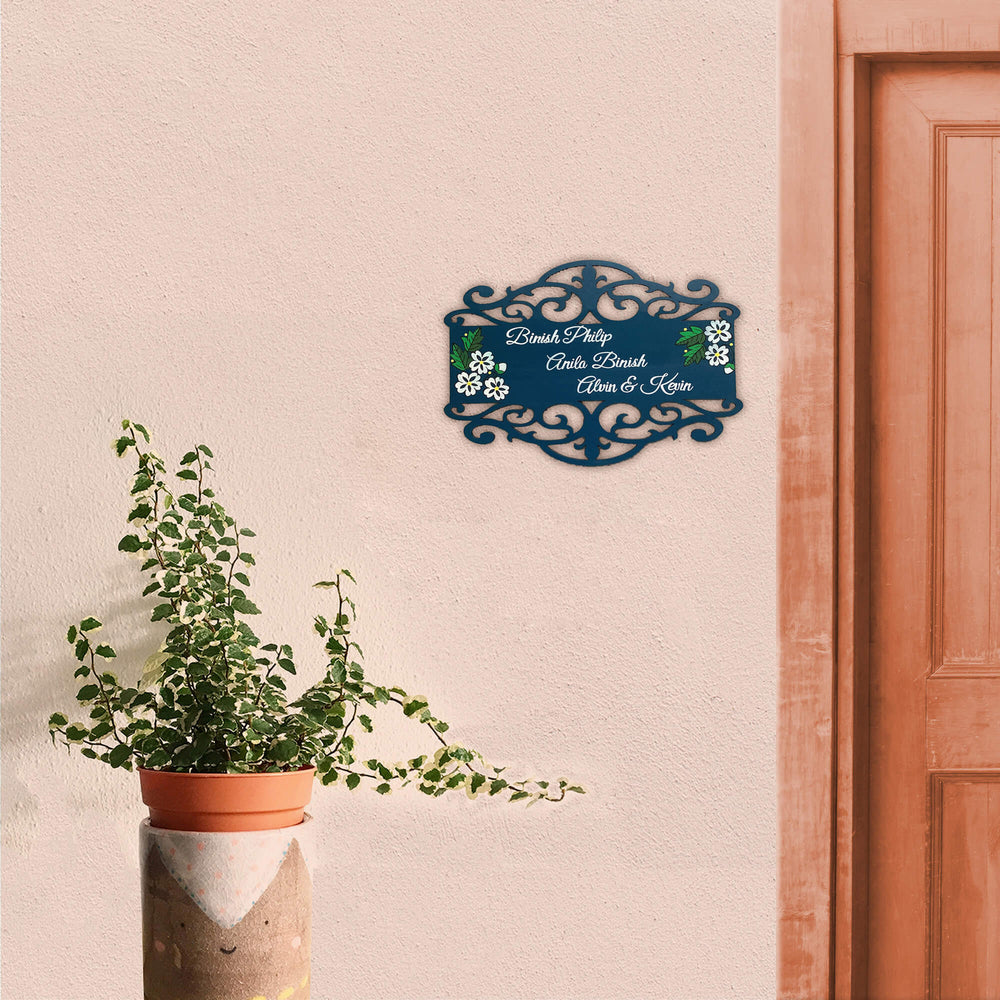 Rectangle Hand Painted Madhubani Art Name Plate - Mounted on exterior wall beside door