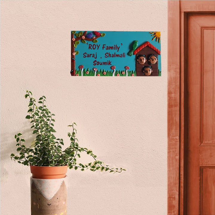 Handcrafted Personalised Mdf Name Plate For Family Of 3 - Mounted on Entryway Wall