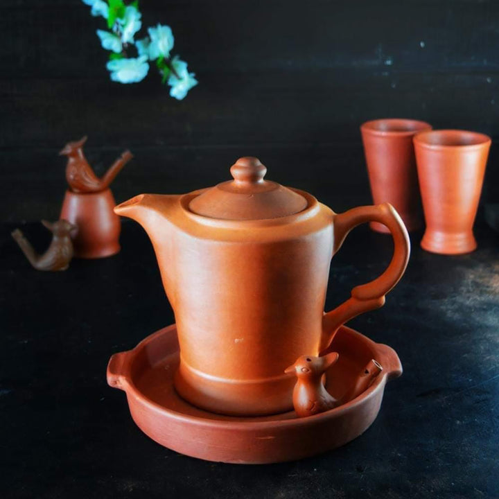 Handmade Regular Terracotta Jug With Glasses & Tray | Set Of 4