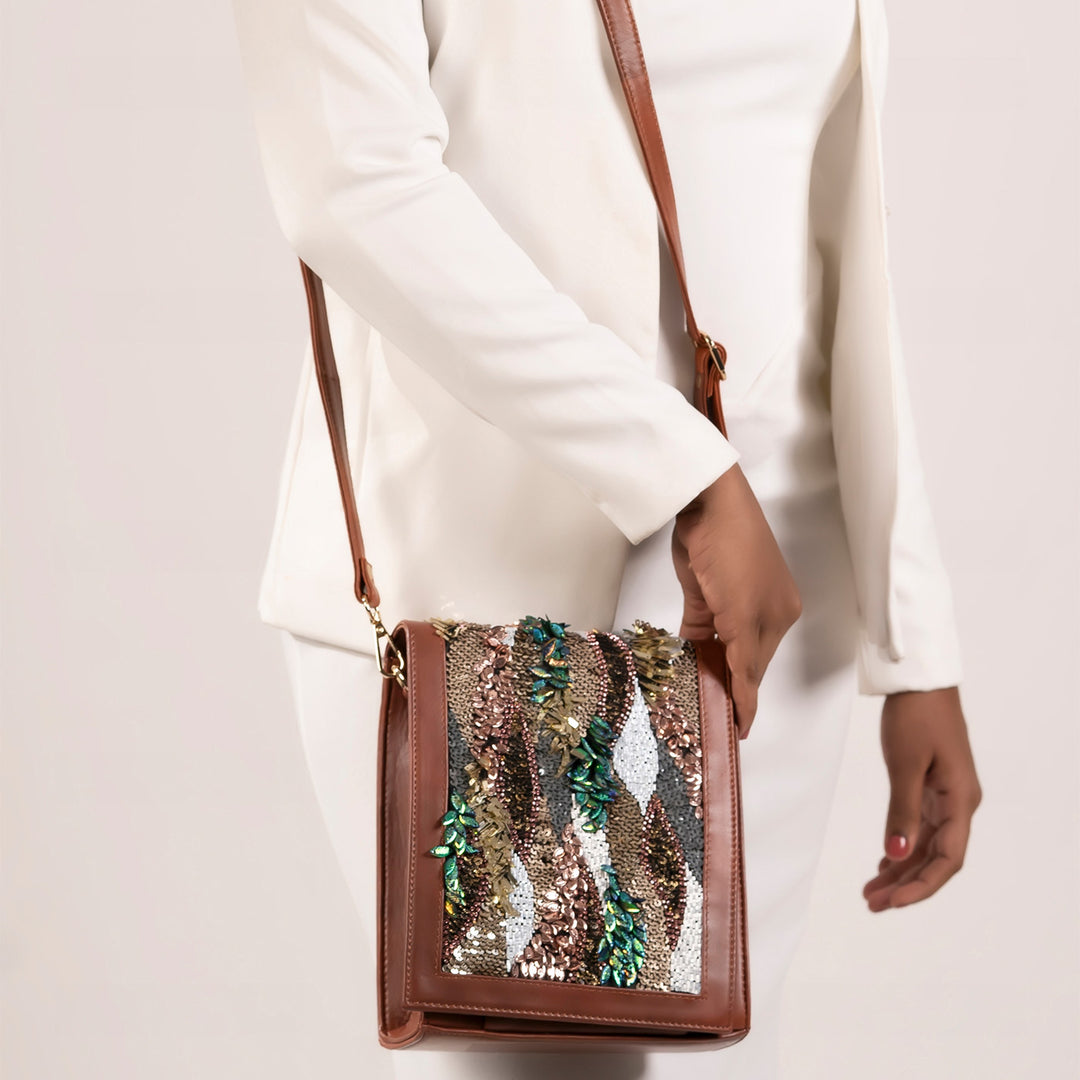 Shimmering Sequins Brown Leather Sling Bag