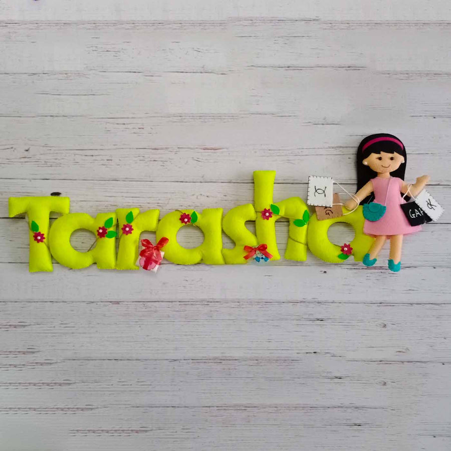 Hand Stitched Shopping Themed Felt Kids Name Plate For Girls - Name Personalization with Doll Character