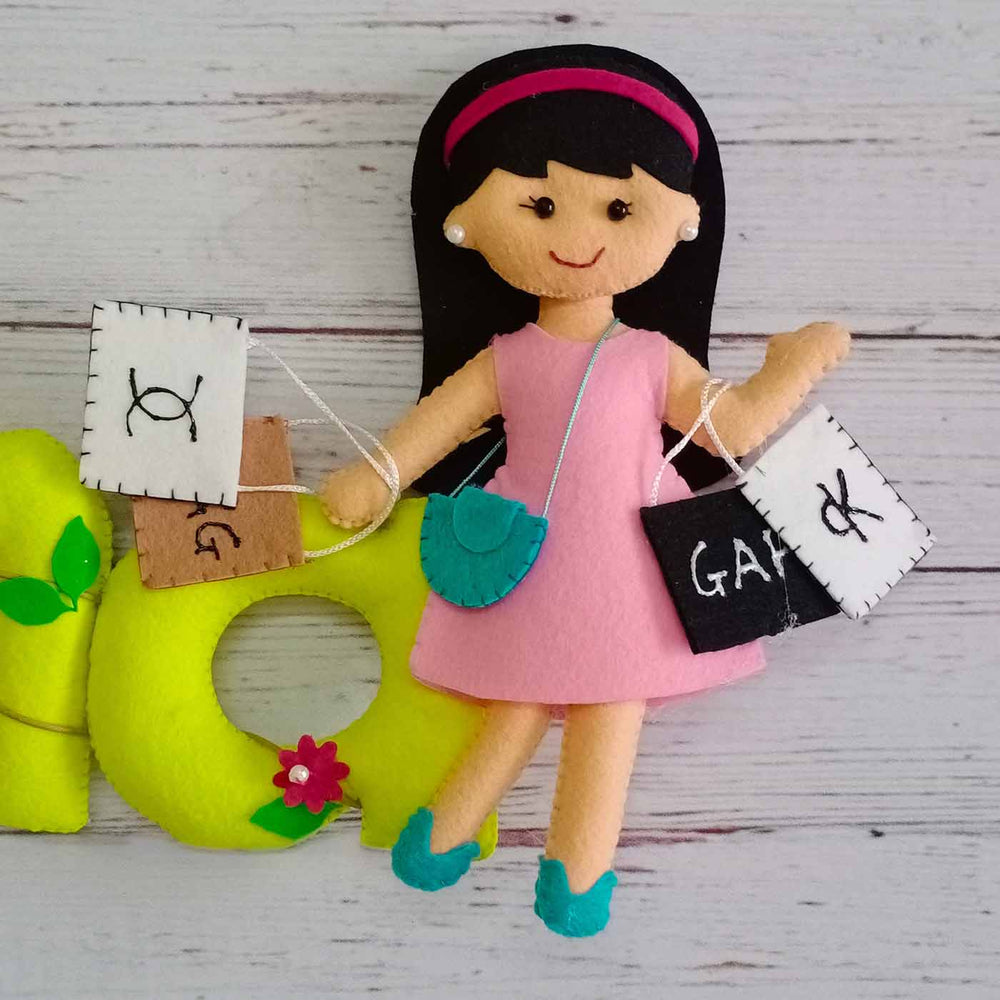 Hand Stitched Shopping Themed Felt Kids Name Plate For Girls - Front View with Hanging Tags