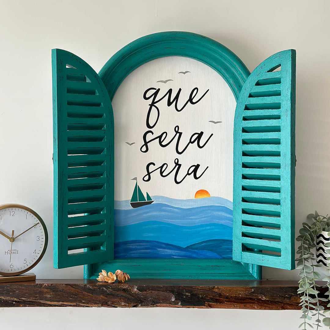 Large Arched Vintage Window Name Plate With Beach Theme - Front View with Open Shutters