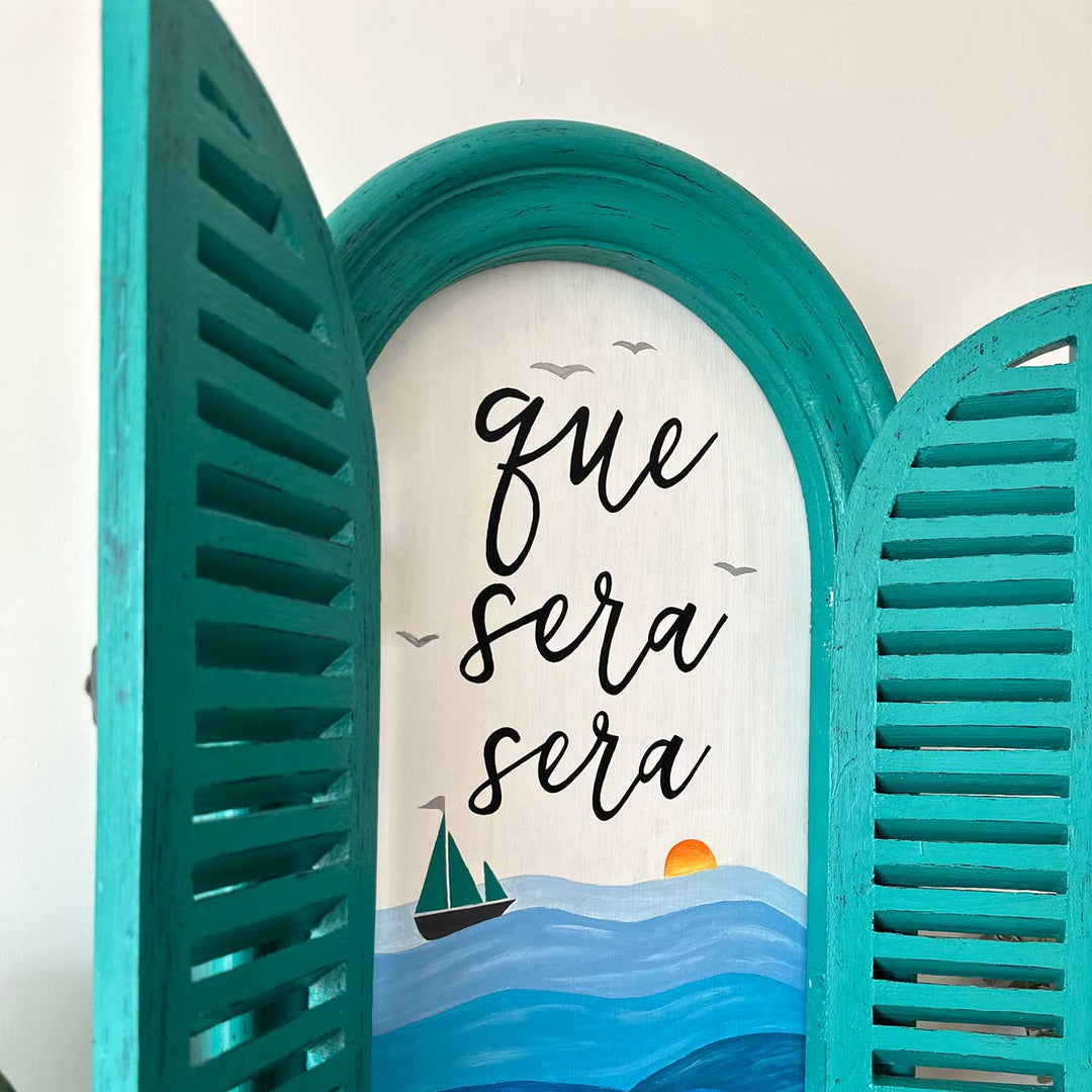 Large Arched Vintage Window Name Plate With Beach Theme - Front View Open Shutters