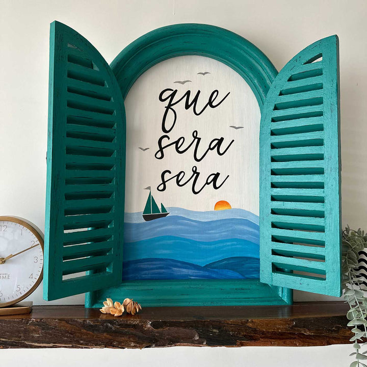 Large Arched Vintage Window Name Plate With Beach Theme - Opened Shutter Frame Displayed on Surface