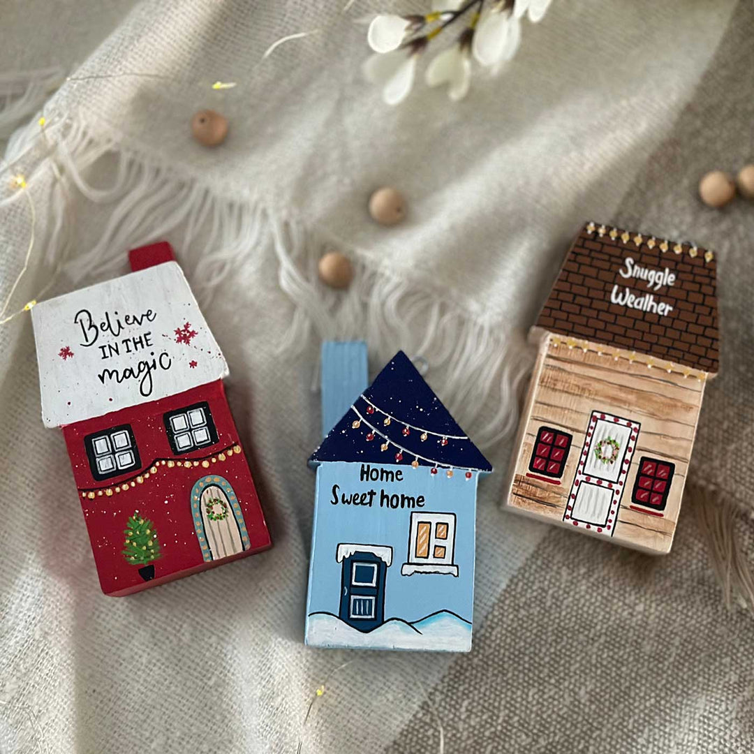 Handcrafted Snowy Xmas Miniature Houses Wooden Table Decor For Christmas Decoration | Set Of 3