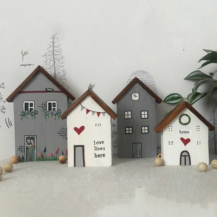 Handcrafted White And Grey Miniature Houses Wooden Table Decor For Christmas Decoration | Set Of 4