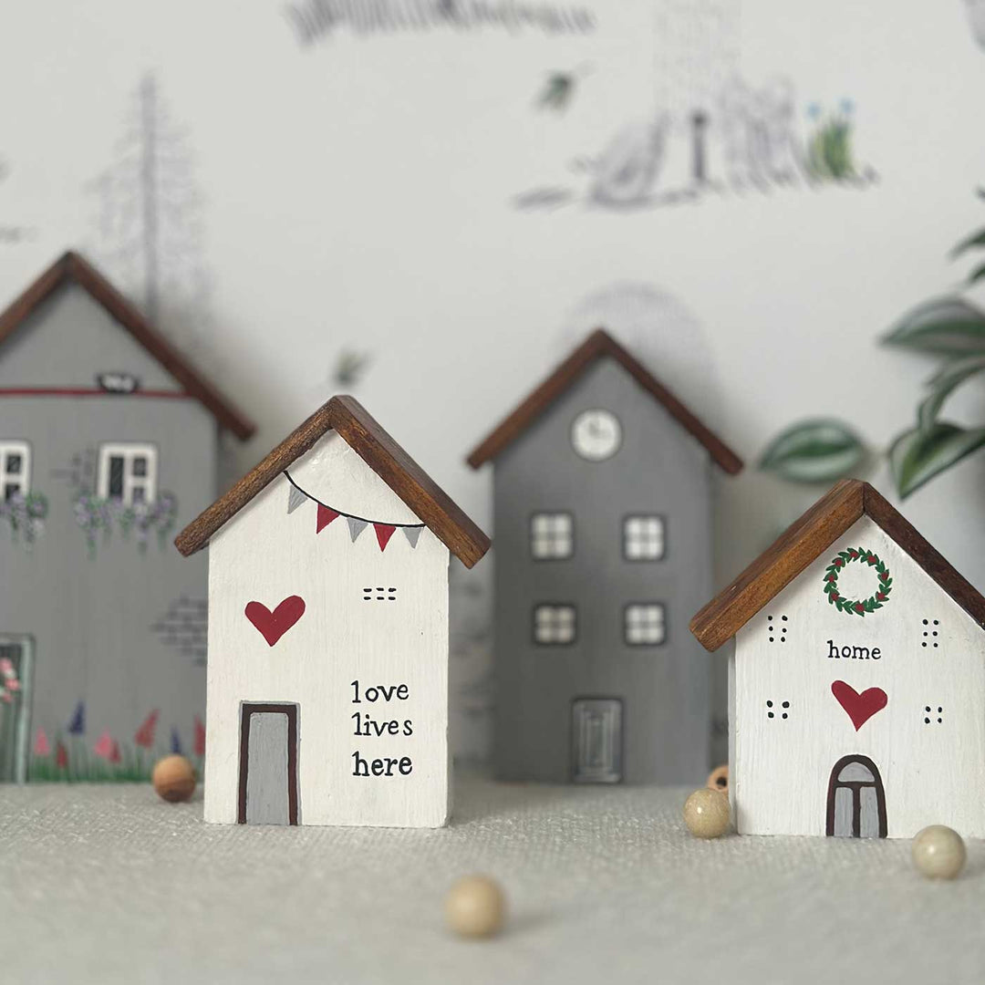 Handcrafted White And Grey Miniature Houses Wooden Table Decor For Christmas Decoration | Set Of 4