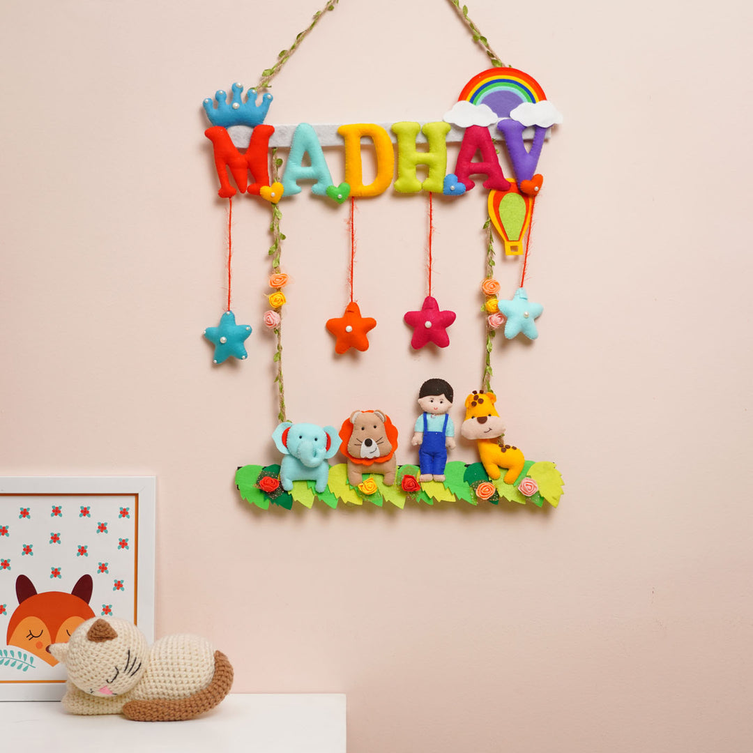 Personalized Jungle Theme Felt Kids Name Plate For Boys - Front View Hanging on Wall