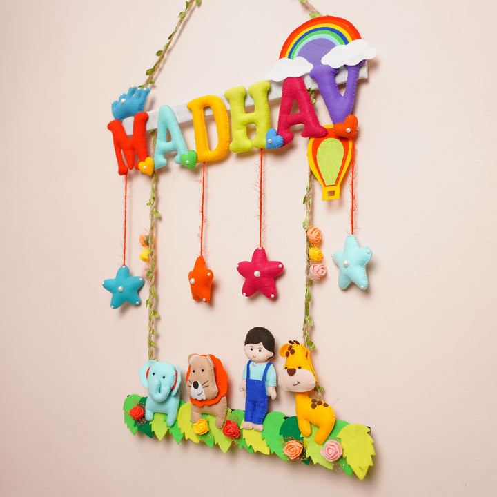 Personalized Jungle Theme Felt Kids Name Plate For Boys - Hanging Personalized Name Mobile Front View