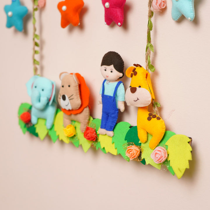 Personalized Jungle Theme Felt Kids Name Plate For Boys - Hanging Decorative Mobile Close-up