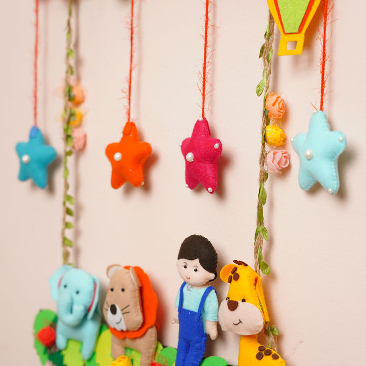 Personalized Jungle Theme Felt Kids Name Plate For Boys - Hanging Plush Toys and Stars Display