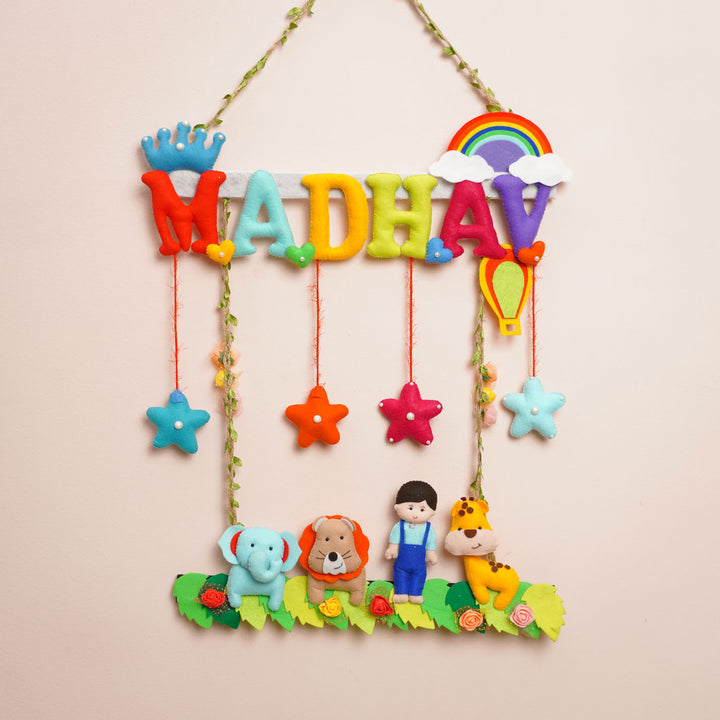 Personalized Jungle Theme Felt Kids Name Plate For Boys - Hanging Front View with Name Personalization