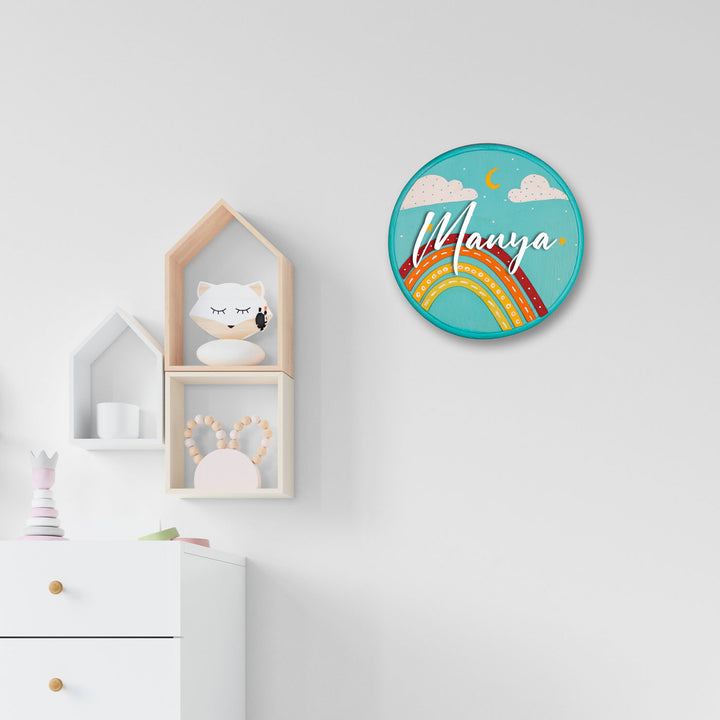 Handpainted Rainbow Wooden Kids Name Plate 1 - Mounted on Childâ€™s Room Wall