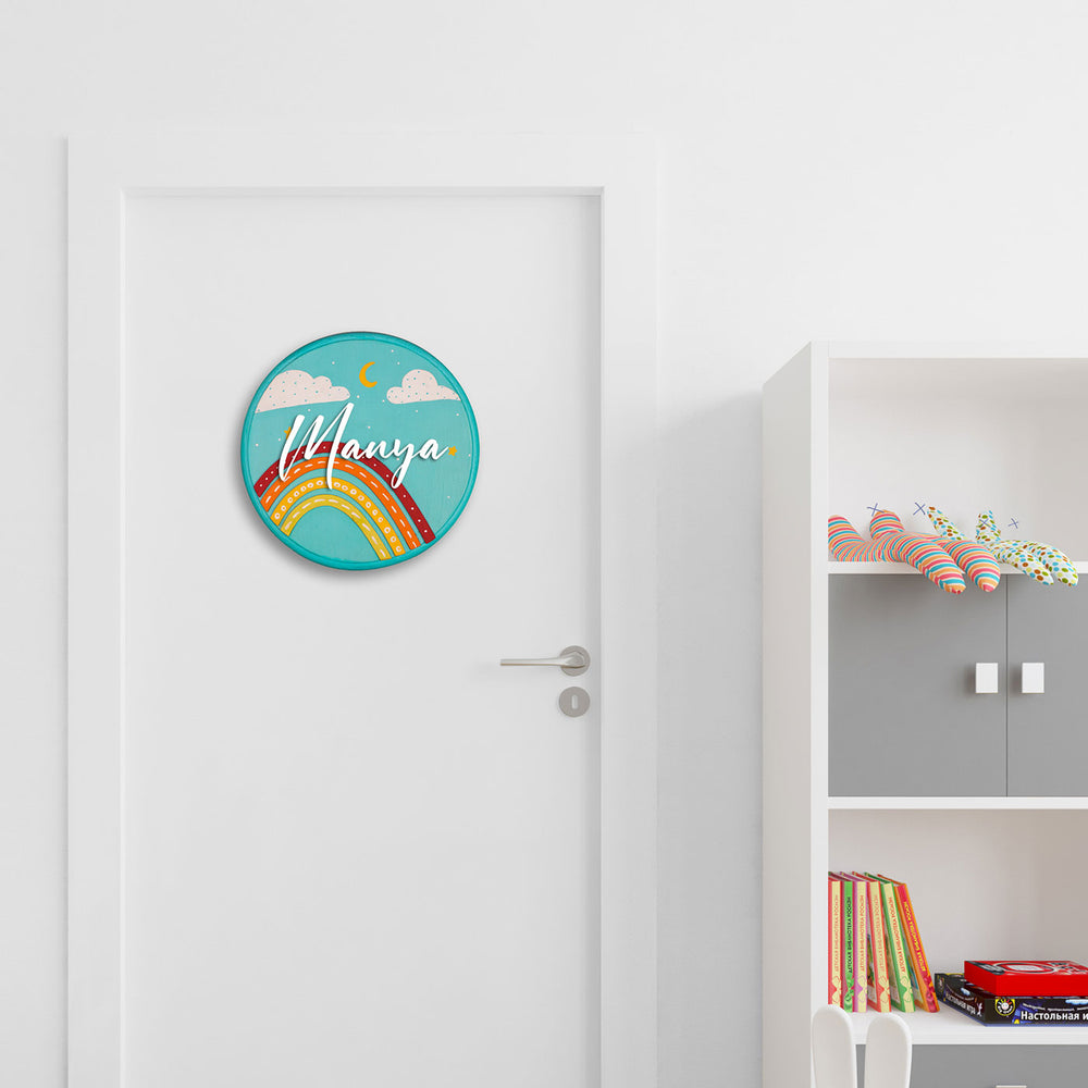 Handpainted Rainbow Wooden Kids Name Plate 1 - Mounted on Door Front View