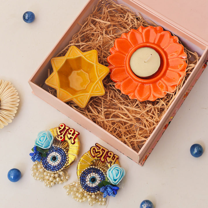 Handcrafted Ceramic Shubh Drishti Glow Diwali Gift Hamper With Tealight Holder, Nakshatra Diya And Shubh Labh Stickers