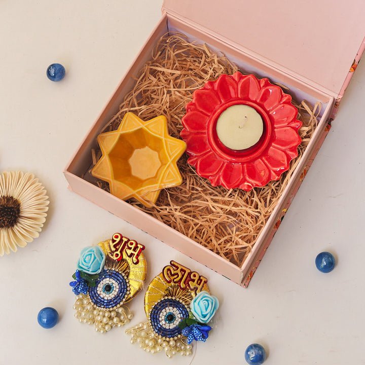 Handcrafted Ceramic Shubh Drishti Glow Diwali Gift Hamper With Tealight Holder, Nakshatra Diya And Shubh Labh Stickers