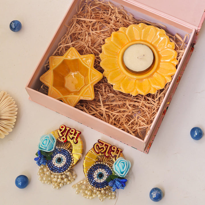 Handcrafted Ceramic Shubh Drishti Glow Diwali Gift Hamper With Tealight Holder, Nakshatra Diya And Shubh Labh Stickers