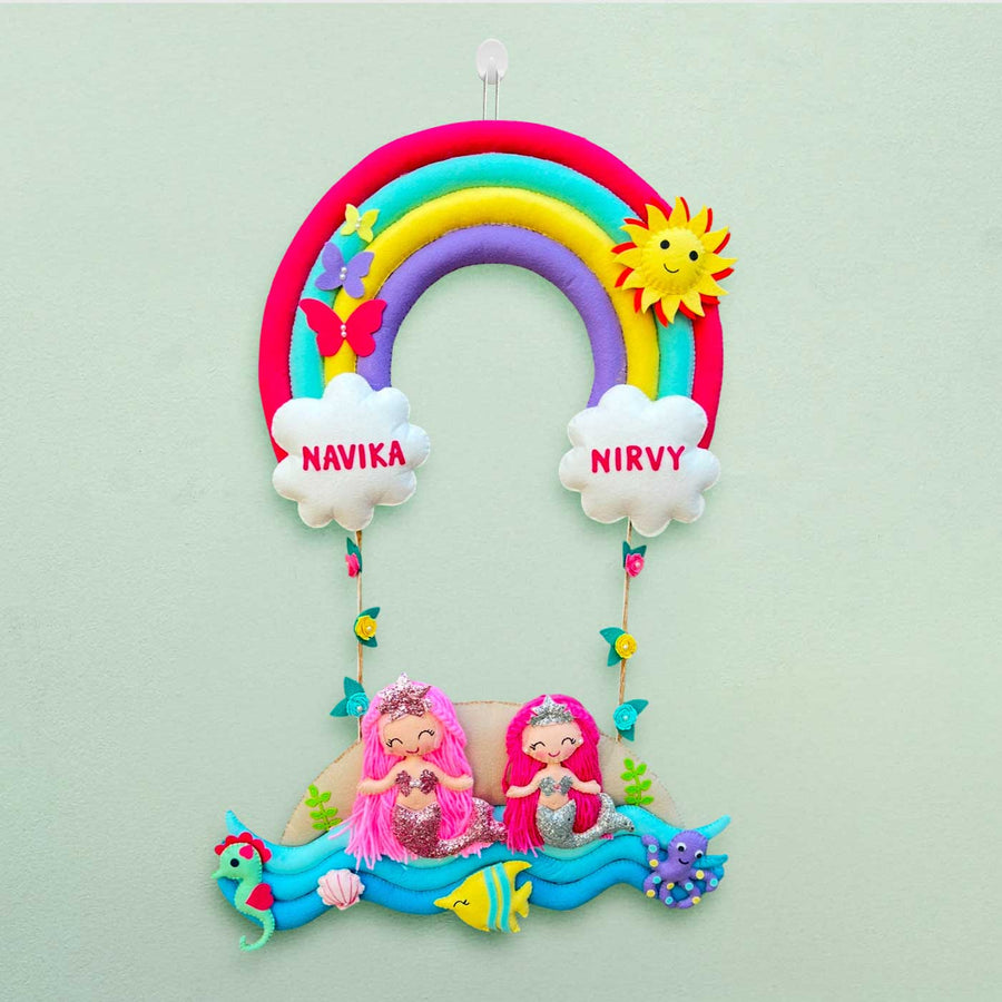 Personalized Mermaid Theme Felt Kids Name Plate For Siblings - Hanging Wall Decoration with Names