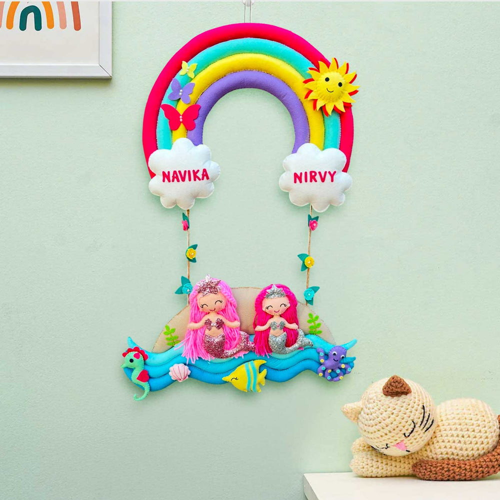 Personalized Mermaid Theme Felt Kids Name Plate For Siblings - Front View Hanging on Wall