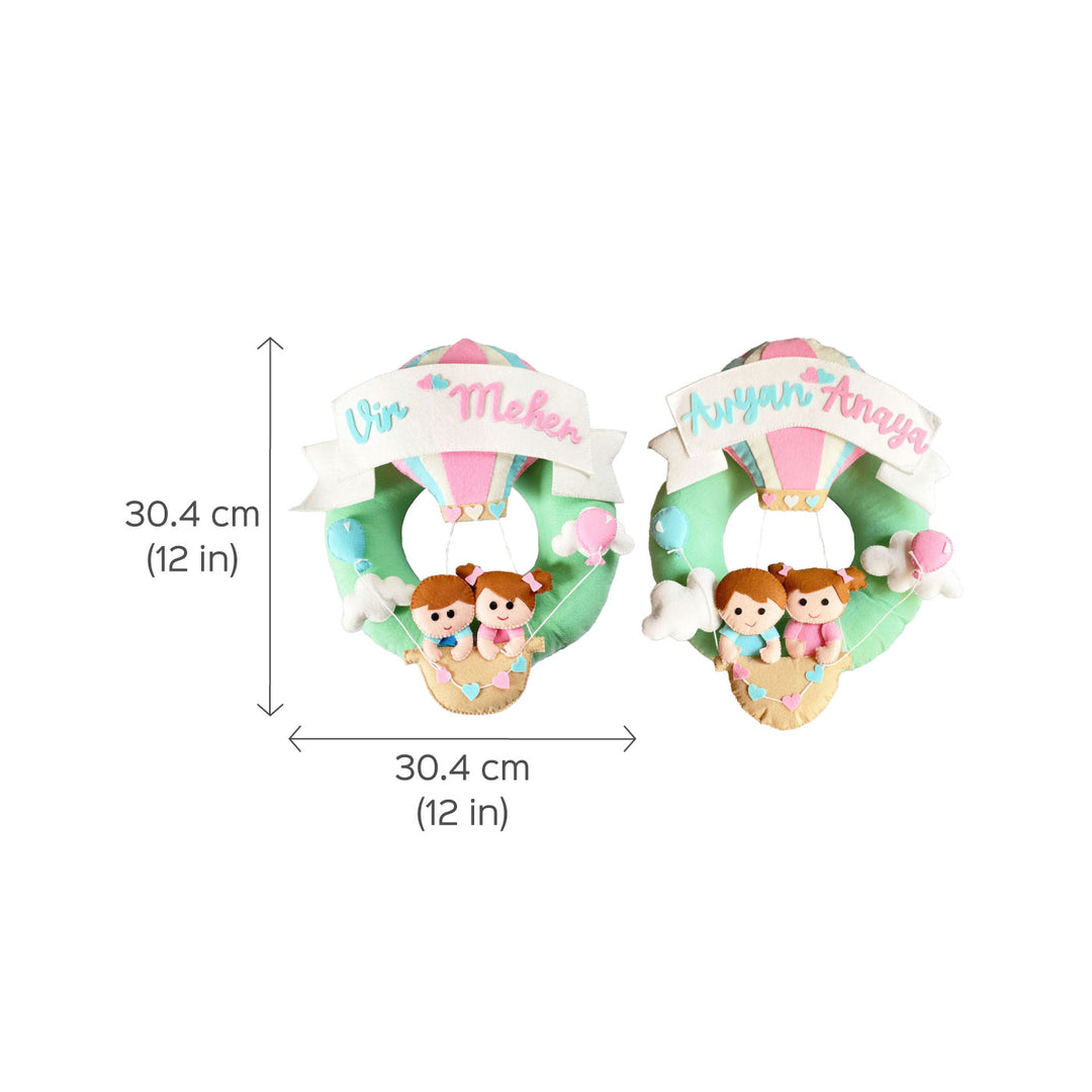 Personalized Felt Parachute Name Plate For Siblings - Dimension Chart with Personalized Names