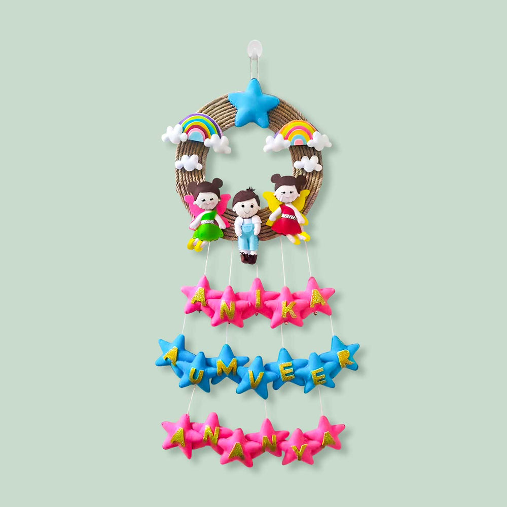 Personalized Rainbow Theme Felt Kids Name Plate For Siblings 2 New - Hanging Front View with Name Personalization