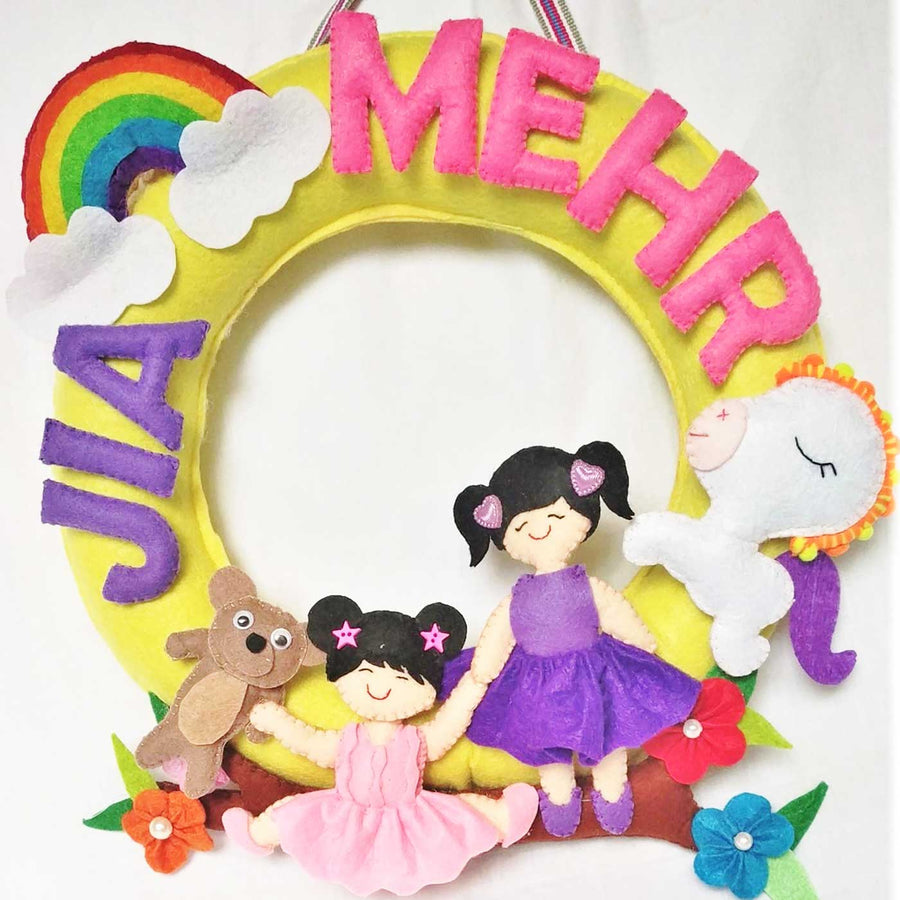 Personalized Handmade Round Sibling Felt Nameplate - Front View with Name Personalization