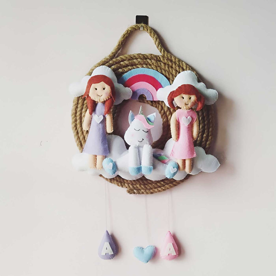 Personalized Siblings Themed Jute Kids Name Plate For Sisters - Front View Hanging on Wall