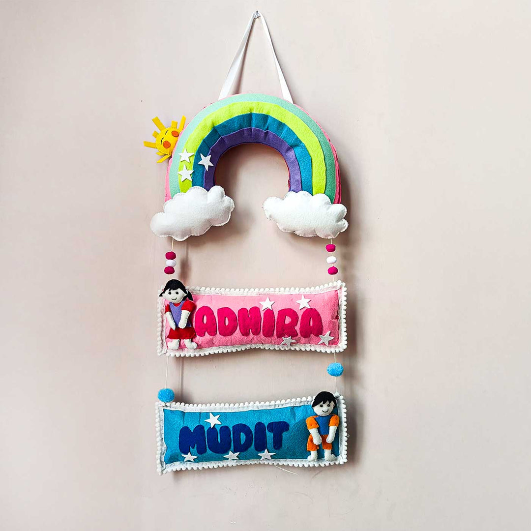 Personalized Rainbow Theme Felt Kids Name Plate For Siblings - Hanging Name Personalization Example