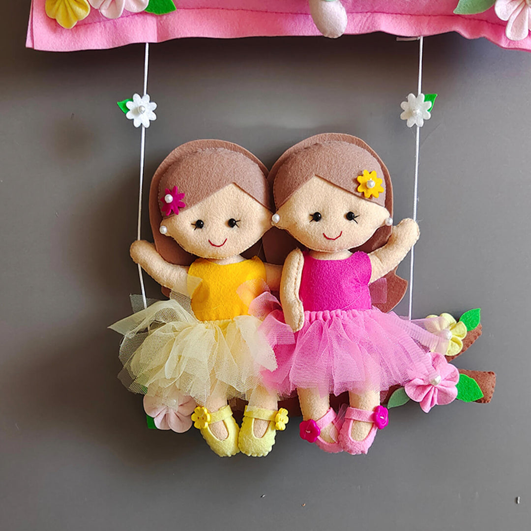 Hand Stitched Pillow Swing Theme Felt Kids Name Plate For Siblings - Front View Hanging from Strings