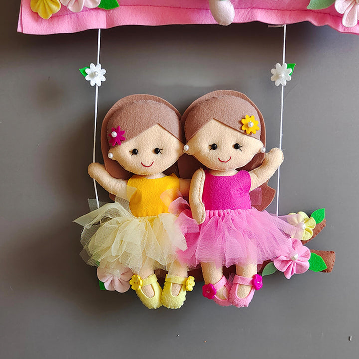 Hand Stitched Pillow Swing Theme Felt Kids Name Plate For Siblings - Front View Hanging from Strings