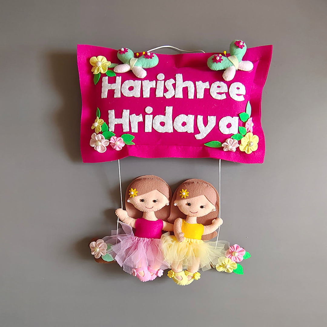 Hand Stitched Pillow Swing Theme Felt Kids Name Plate For Siblings - Front View Hanging Wall Decor