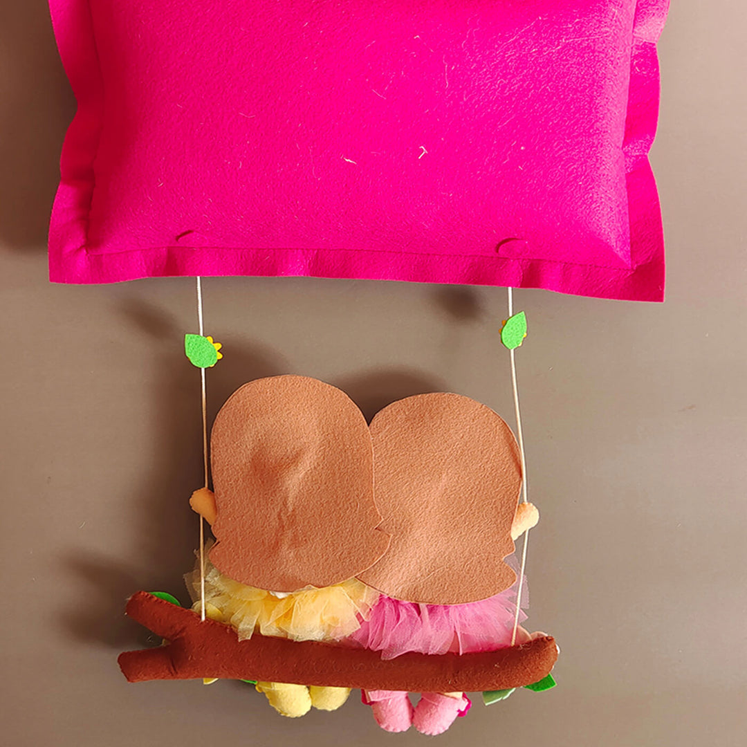 Hand Stitched Pillow Swing Theme Felt Kids Name Plate For Siblings - Back View Hanging on Swing Seat