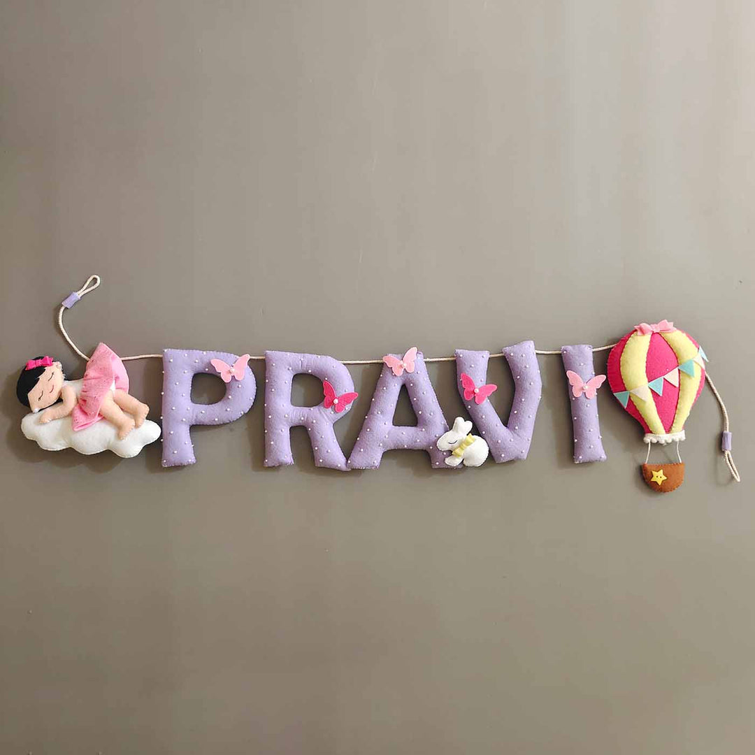 Hand Stitched Sleeping Baby Themed Round Felt Kids Name Plate For Kids - Full Name Hanging Display on Wall