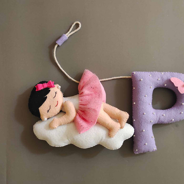 Hand Stitched Sleeping Baby Themed Round Felt Kids Name Plate For Kids - Close-up of Hanging Doll Detail