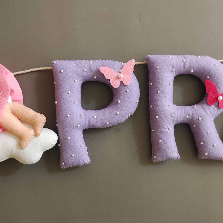 Hand Stitched Sleeping Baby Themed Round Felt Kids Name Plate For Kids - Close-up Hanging Letter Garland