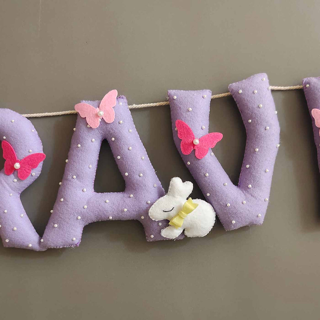Hand Stitched Sleeping Baby Themed Round Felt Kids Name Plate For Kids - Close-up of Hanging Letter Garland