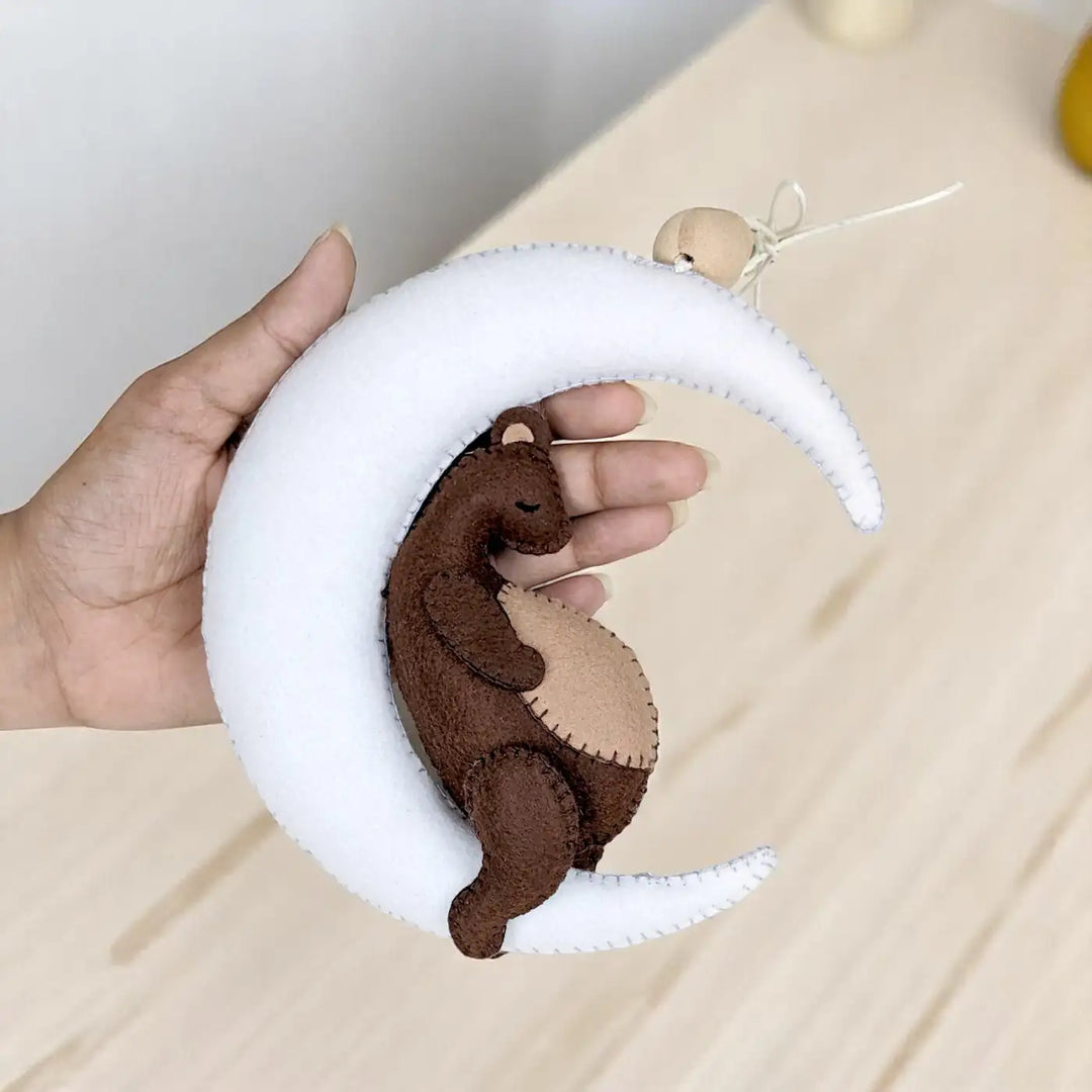 Handmade Sleepy Bear On Moon Felt Hanging For Kids