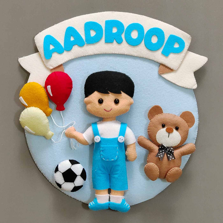 Hand Stitched Teddy Sports Themed Round Felt Kids Name Plate For Boys - Front View with Name Personalization