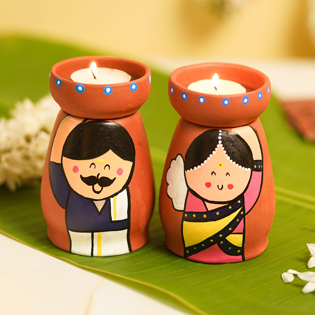 Handpainted Clay Tealight Holders with South Indian Couple | Set of 2